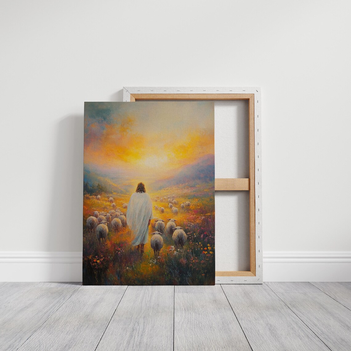 Jesus Walking With His Sheep Flock Through a Golden Sunrise Meadow Poster - Image 6