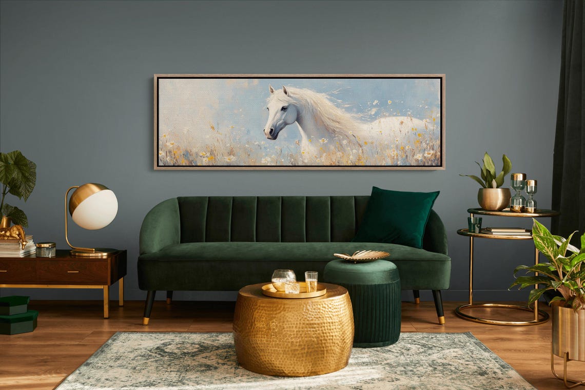 White Horse Running Through Daisy Field Panoramic Equine Poster - Image 7