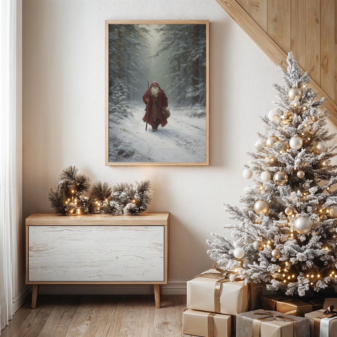 Santa Walking Through Snowy Forest Path Art Print