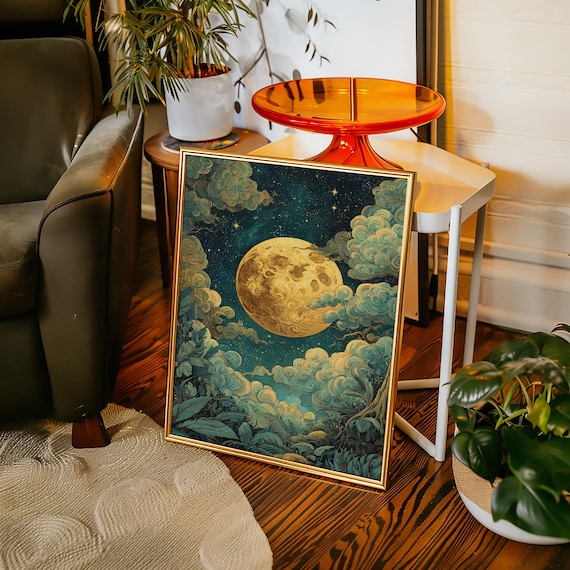 Golden Moon Canvas Wall Art Surreal Night Sky With Stars And Clouds Mystical Celestial Artwork For Bedroom Living Room Or Meditation Space