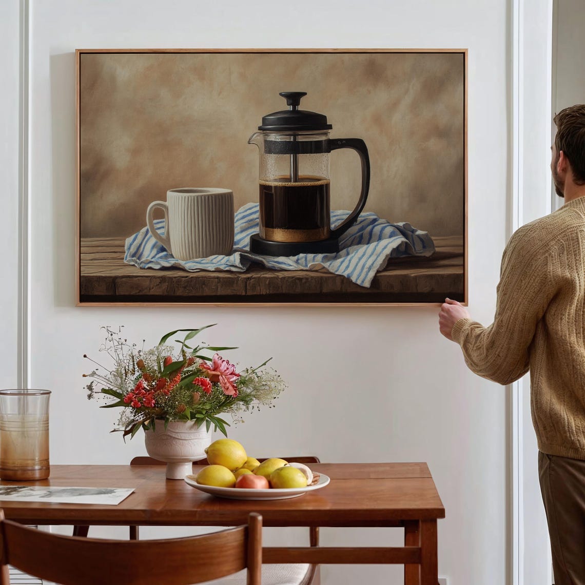 French Press Coffee Still Life Rustic Kitchen Oil Painting Poster - Image 2