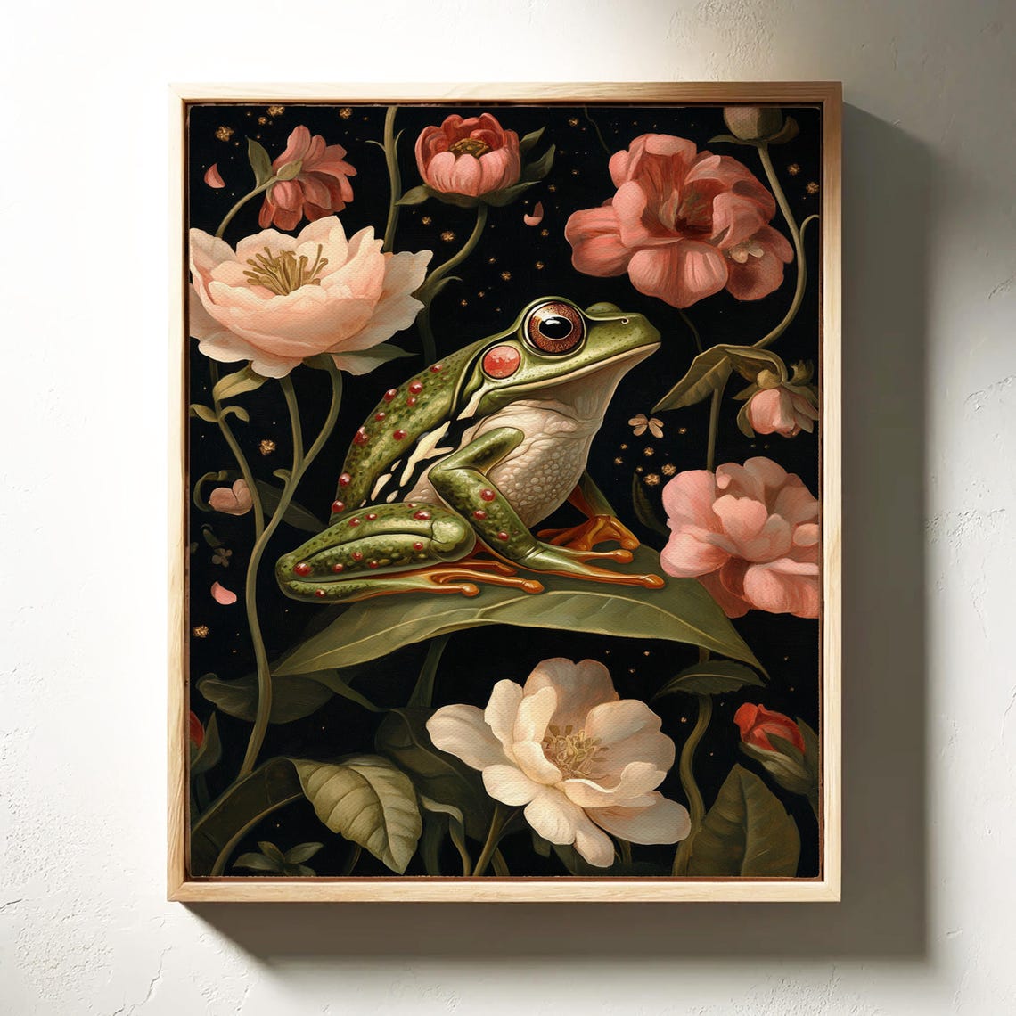Green Tree Frog With Red Spots Among Pink Flowers Dark Jungle Poster - Image 2