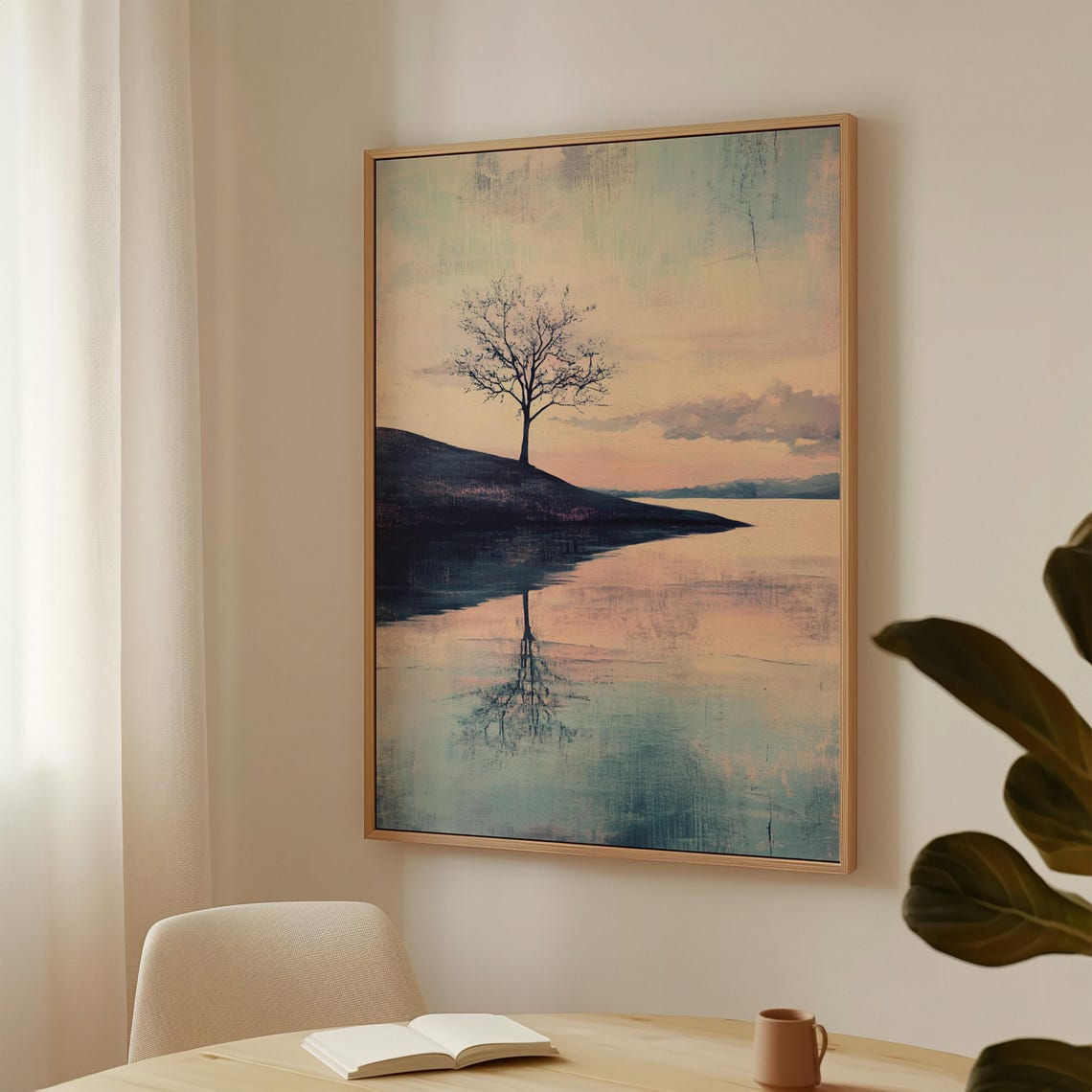 Lone Tree Lake Reflection Pastel Pink Sunset Serene Wall Poster