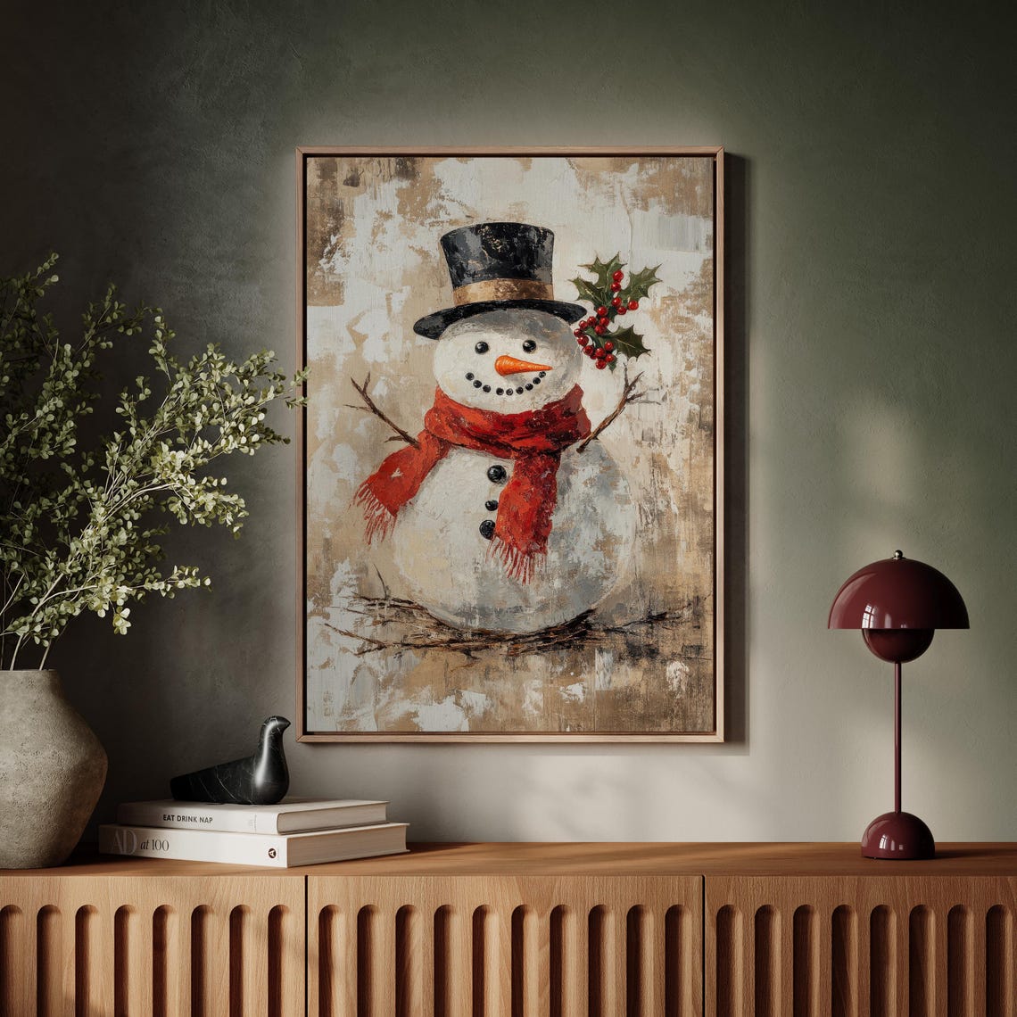 Vintage Snowman With Top Hat Red Scarf And Holly Berries Rustic Poster - Image 3