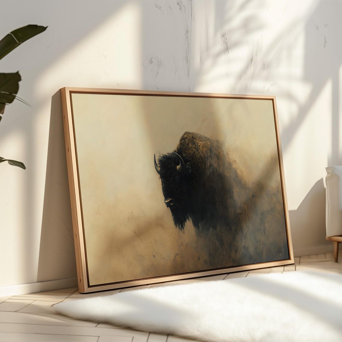 Misty Bison Emerging From Fog Dark Buffalo Painting Wall Poster - Image 5