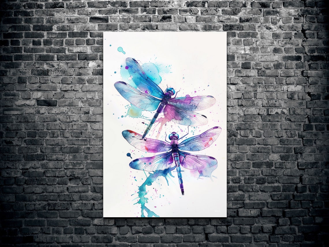 Dragonfly Pair Watercolor Teal Violet Splash Nature Art Poster - Image 2