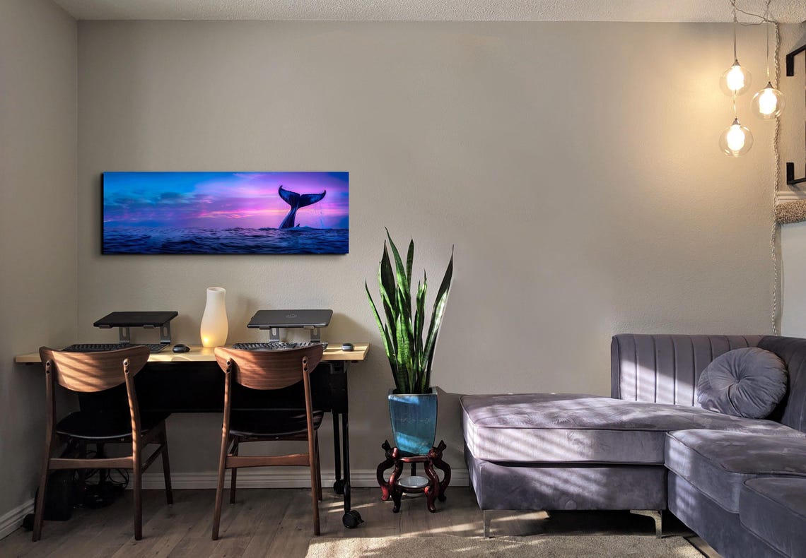 Whale Tail Silhouette Purple Sunset Ocean Panoramic View Poster - Image 5