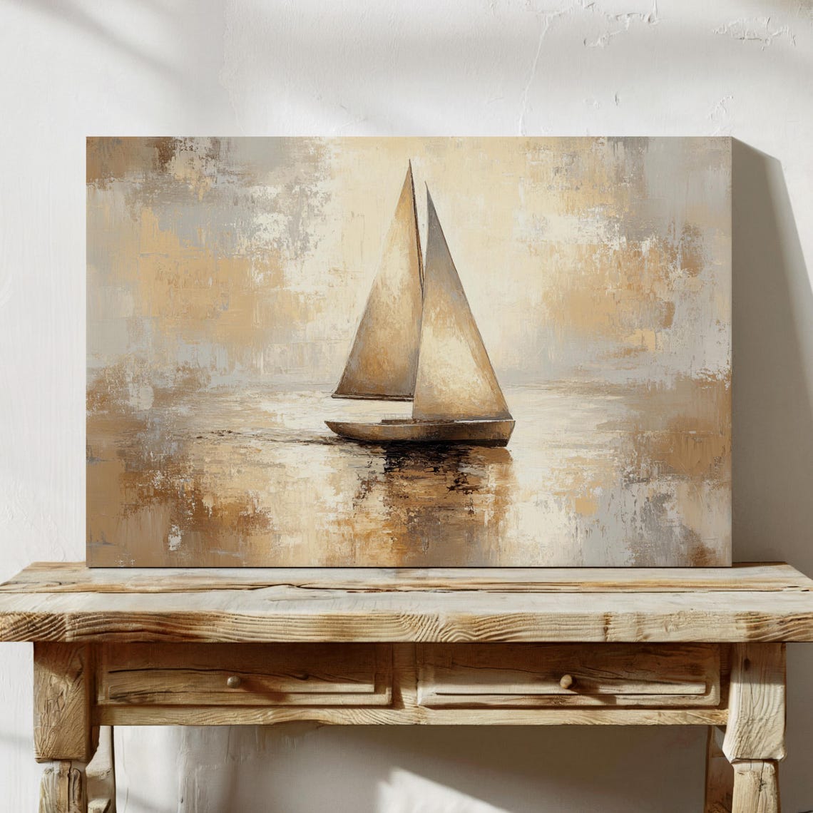 Abstract Sailboat With Beige Gold Sails On Calm Water Nautical Poster - Image 4