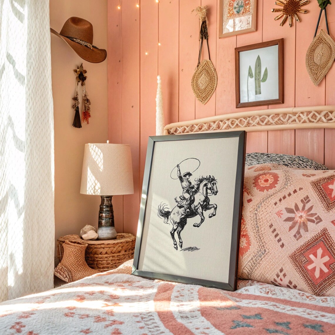 Cowboy Roping Rearing Horse Monochrome Ink Sketch Western Poster