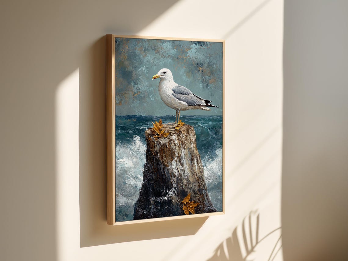 Seagull Standing on a Textured Stump with Autumn Leaves Ocean Poster - Image 6