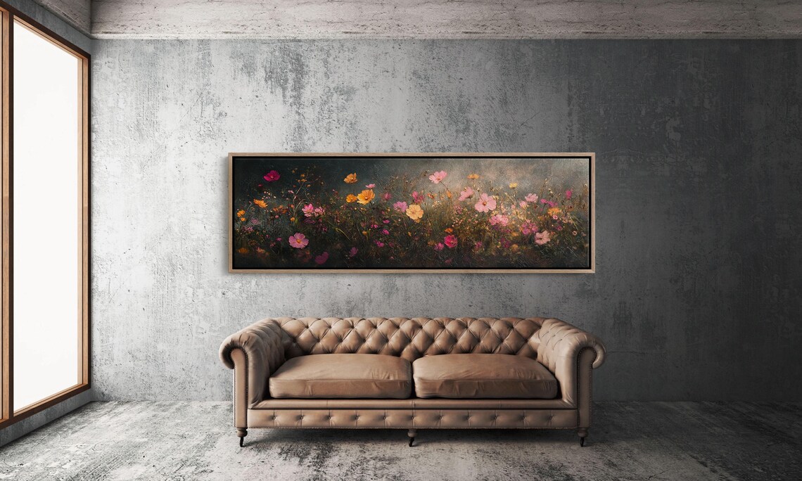 Dark Moody Wildflower Meadow Pink Blooms Night Floral Panoramic Poster - Image 3