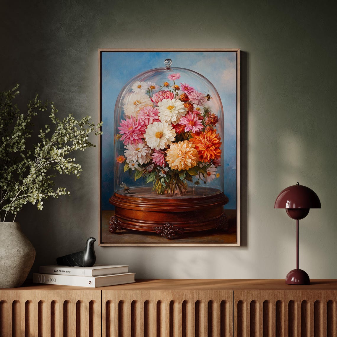 Vintage Flower Dome Glass Cloche Bouquet with Bees Botanical Print - Image 5