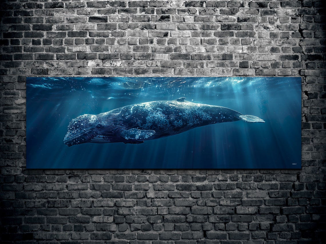 Humpback Whale Gliding Through Sunlit Deep Blue Ocean Panoramic Poster - Image 2