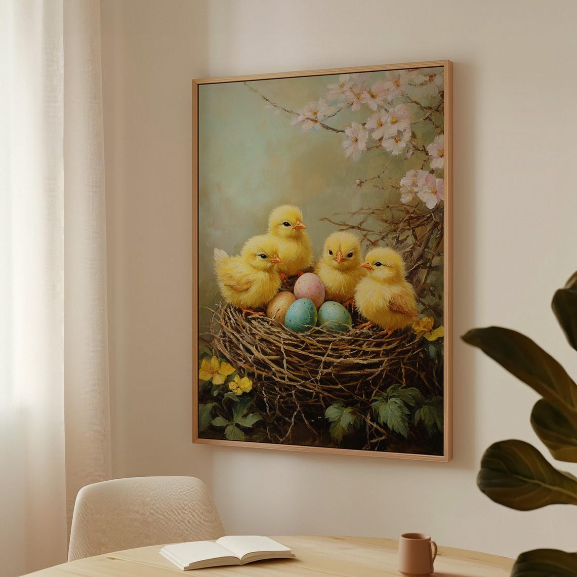 Baby Chicks in Nest With Easter Eggs Vintage Spring Painting Wall Art - Image 4