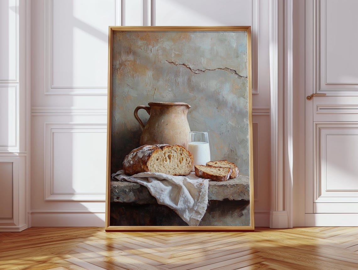 Rustic Bread And Milk Still Life Country Kitchen Vintage Art Poster