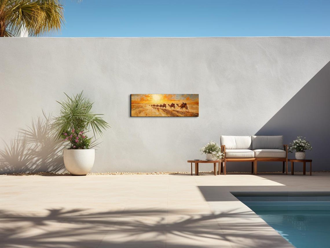 Desert Camel Caravan In Single File Warm Sunset Panoramic Art Poster - Image 4