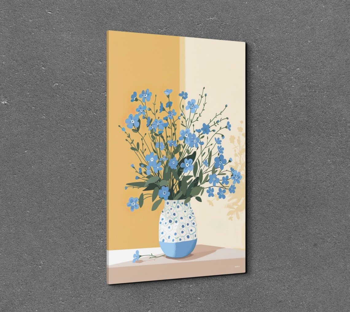 Blue Wildflowers in Patterned Vase Mustard Modern Floral Poster - Image 3
