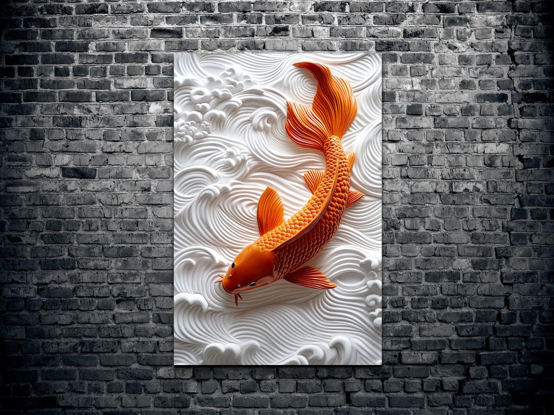 Orange Koi Fish Swimming White Wave Relief 3D Art Effect Poster - Image 2