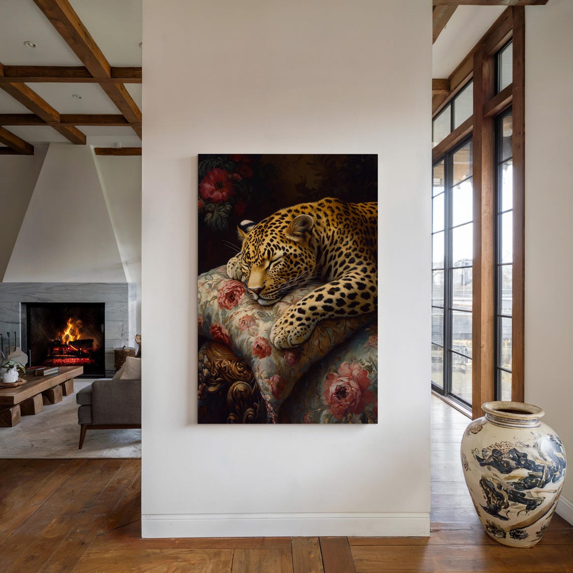 Sleeping Leopard Resting Floral Cushion Roses Elegant Wildlife Poster - Image 4