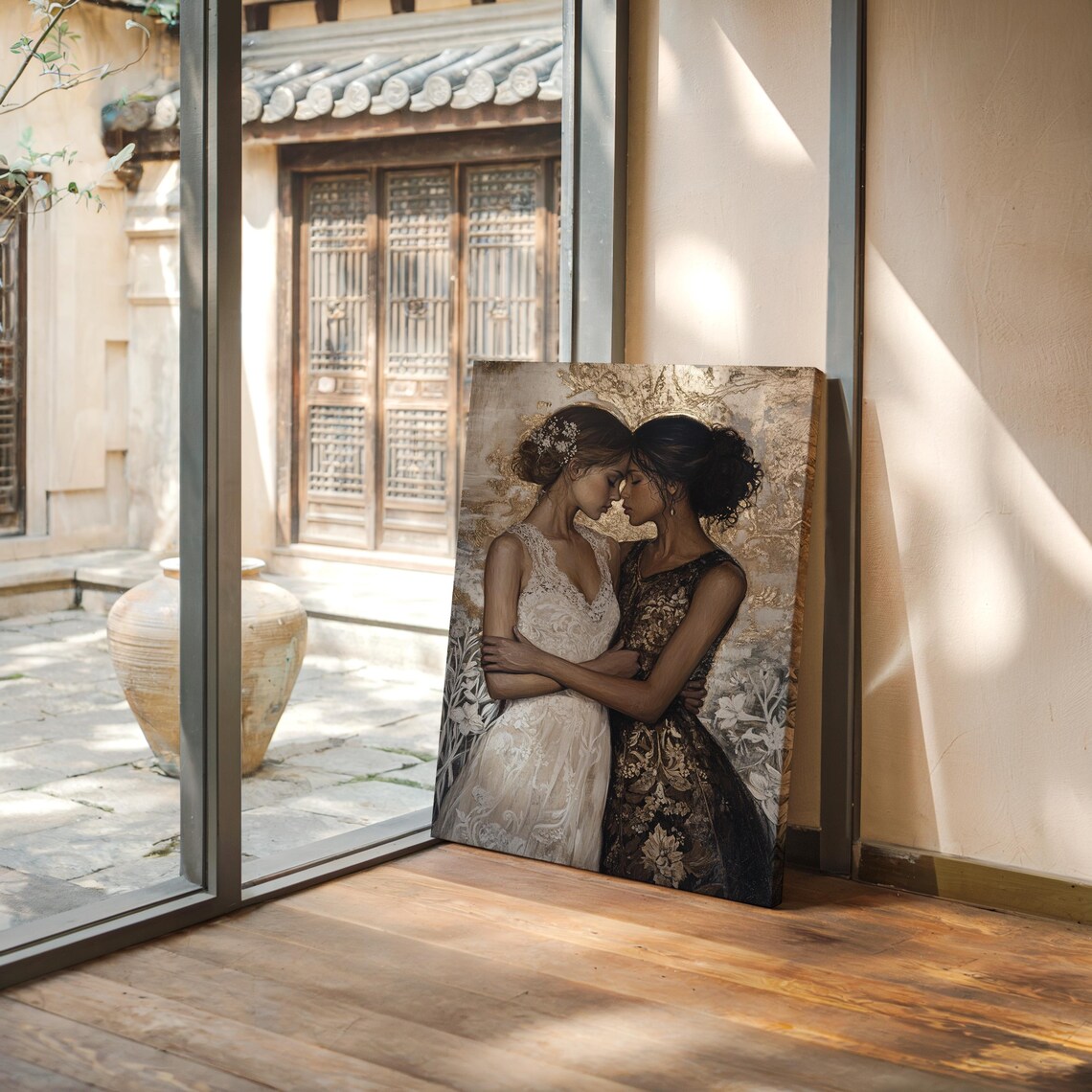 Golden Embrace Two Women Lace Dresses Intimate Elegant Romance Art Poster - Image 3