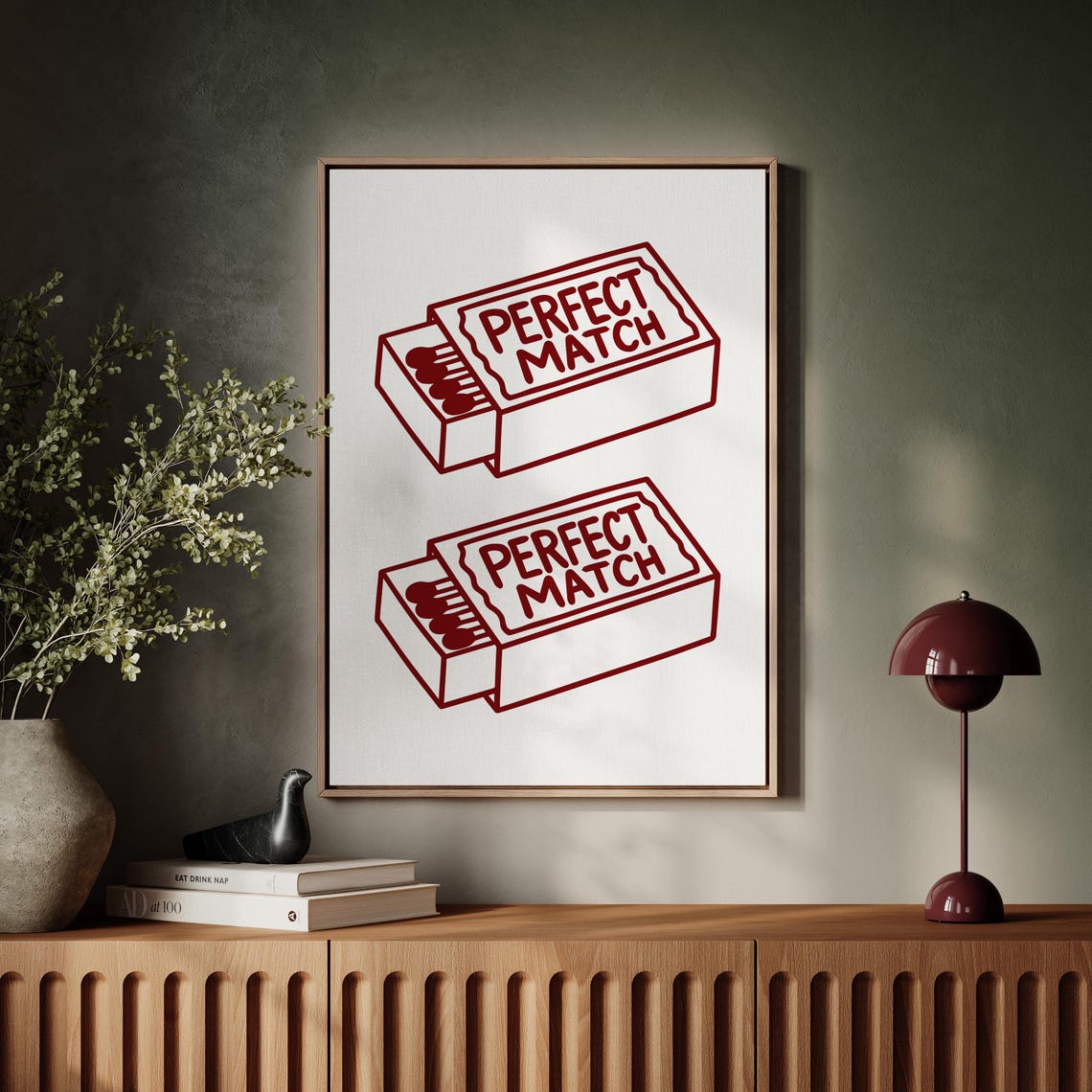 Perfect Match Vintage Matchbox Red Line Art Romantic Decor Poster
