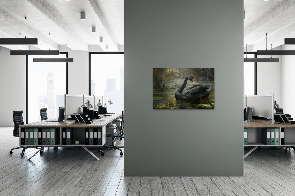 Serene Black Swan Gliding on Lily Pond Green Water Wildlife Poster - Image 3