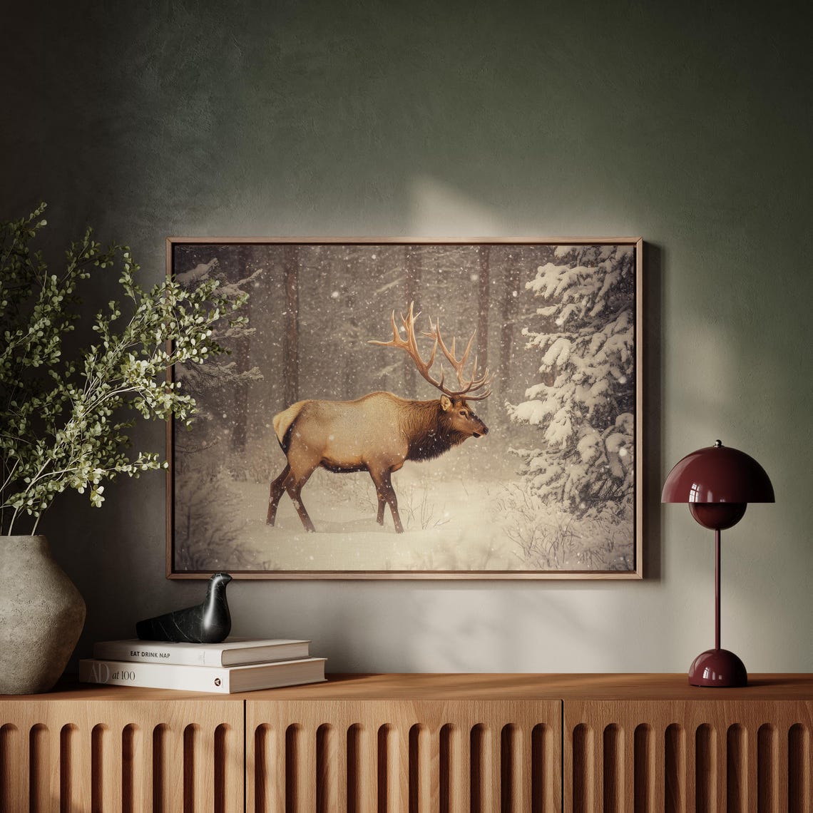 Bull Elk Walking Through A Snowy Forest In Falling Snow Winter Poster