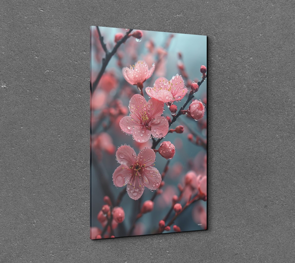 Pink Cherry Blossoms Raindrops Close-Up Spring Floral Wall Art - Image 7