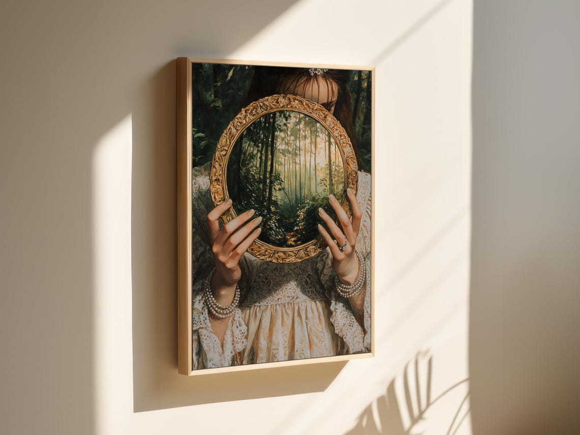 Woman Holding Ornate Gold Mirror Reflecting Sunlit Forest Poster - Image 5