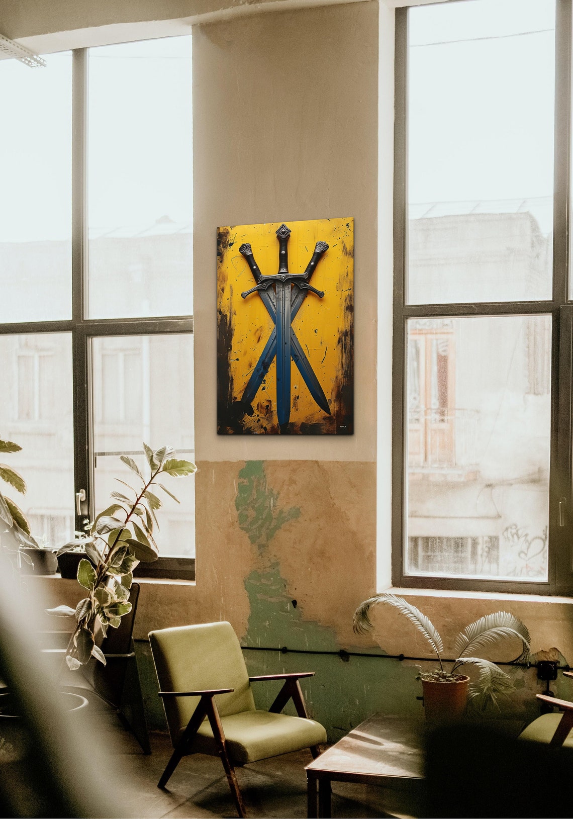 Three Crossed Medieval Swords Yellow Background Warrior Poster - Image 3