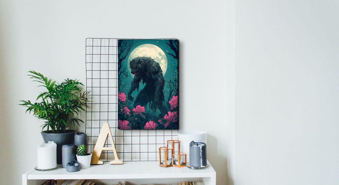 Hunched Werewolf Pink Bloom Forest Full Moon Comic Horror Poster - Image 3