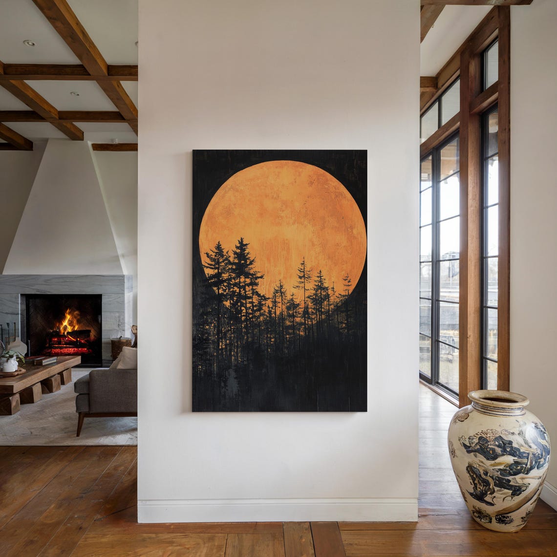 Giant Orange Moon Over Pine Forest Night Silhouette Celestial Poster - Image 5