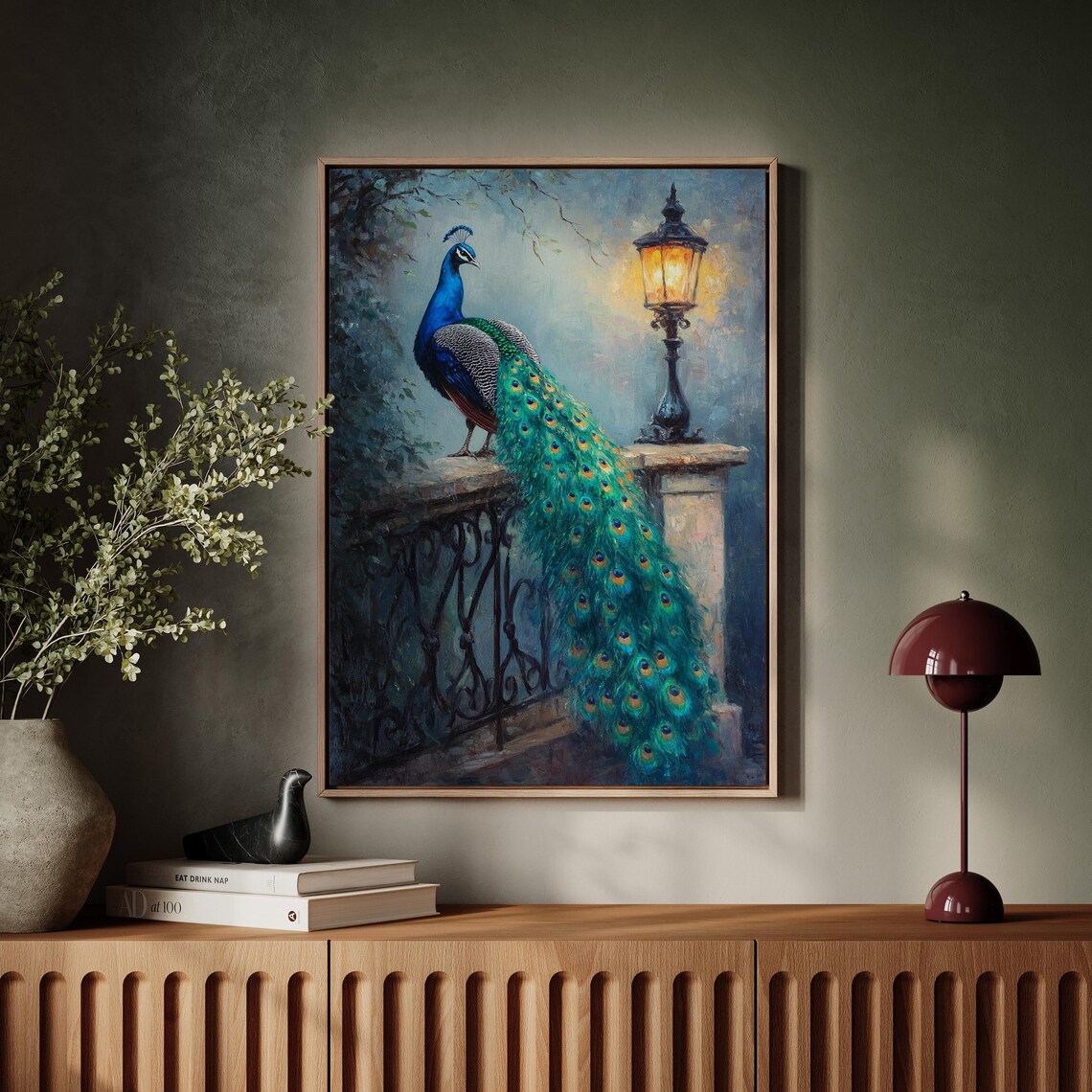 Peacock By Vintage Street Lamp Dusk Old World Painting Poster - Image 6