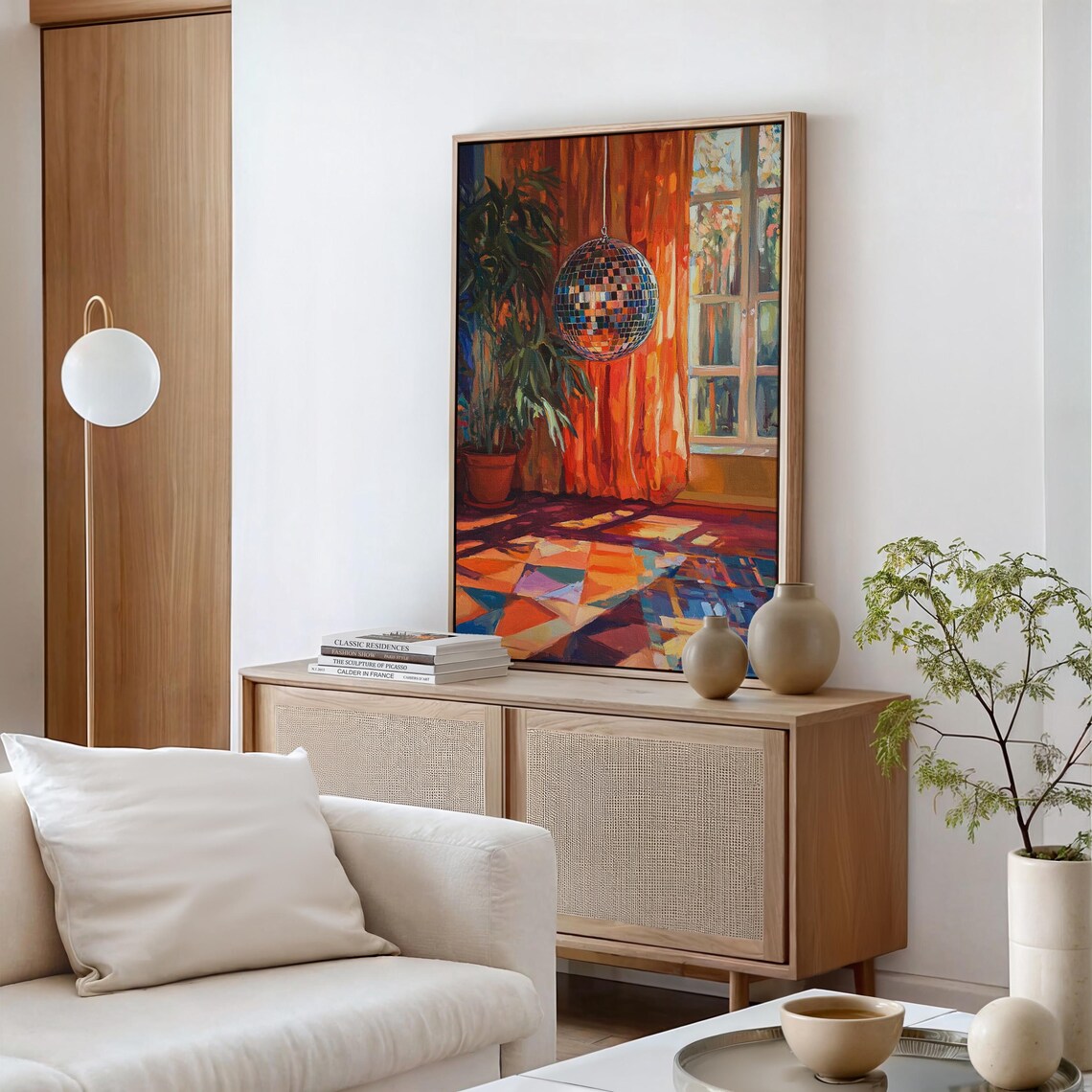 Shimmering Disco Ball in a Colorful Room With Orange Curtains Poster - Image 4