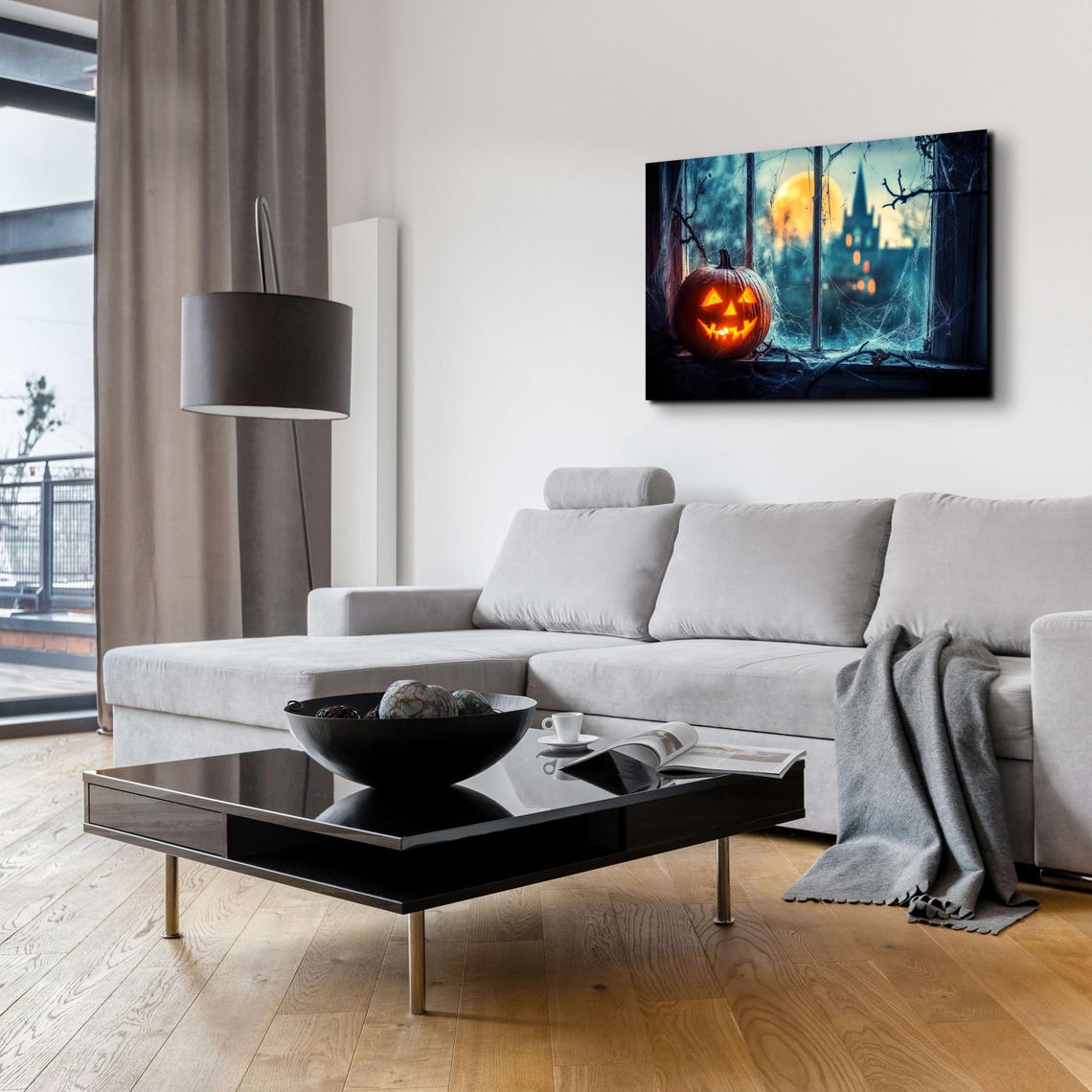 Glowing Jack O Lantern on Gothic Window Ledge Under Full Moon Poster - Image 5