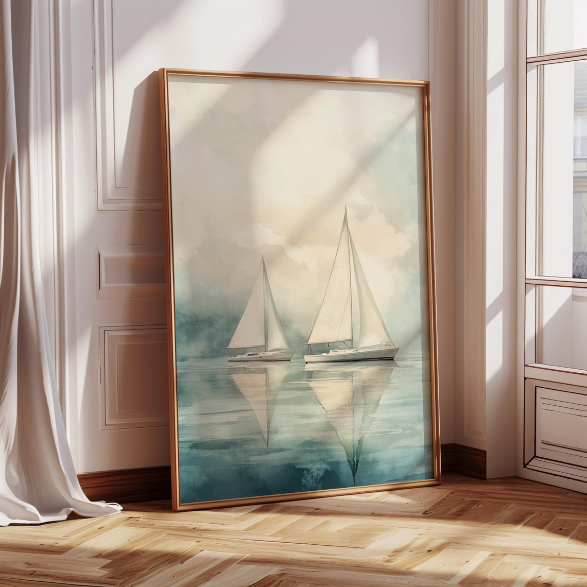 Watercolor Sailboat Wall Art Nautical Coastal Print Soft Blue Seascape Painting Minimalist Ocean Decor Sailing Reflection - Image 3
