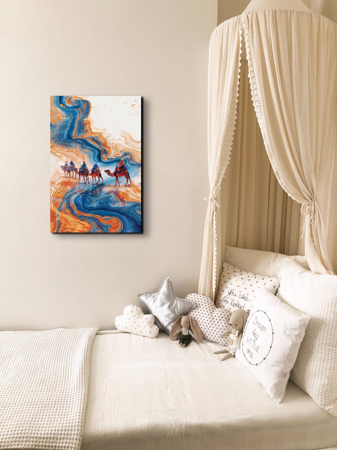 Camel Caravan Across Blue Orange Marble Desert Landscape Poster - Image 3