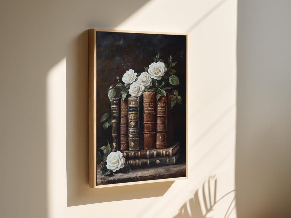 White Roses With Antique Leather Books Dark Floral Still Life Poster - Image 5