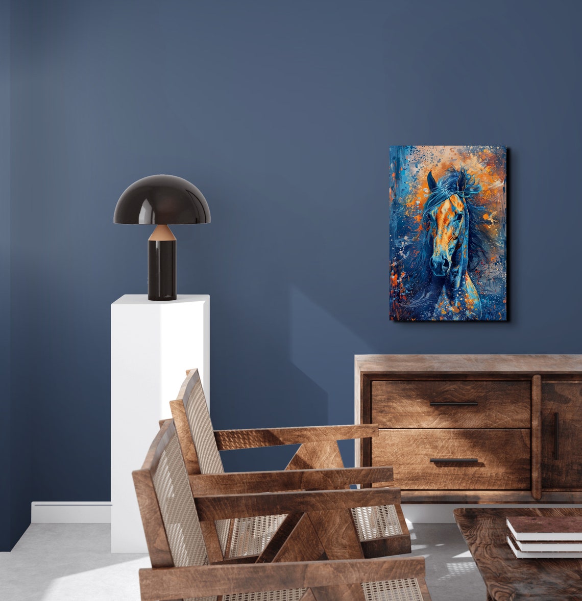 Wild Horse Portrait in Blue Orange Splatter Paint Abstract Poster - Image 7