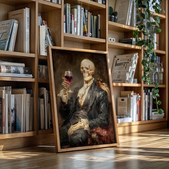 Elegant Skeleton Toasting Red Wine Gothic Victorian Aristocrat Dark Wall Art