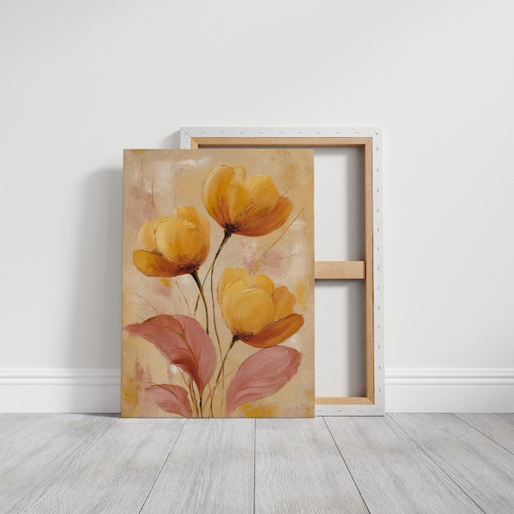Golden Yellow Abstract Flowers Warm Floral Painting Art Poster