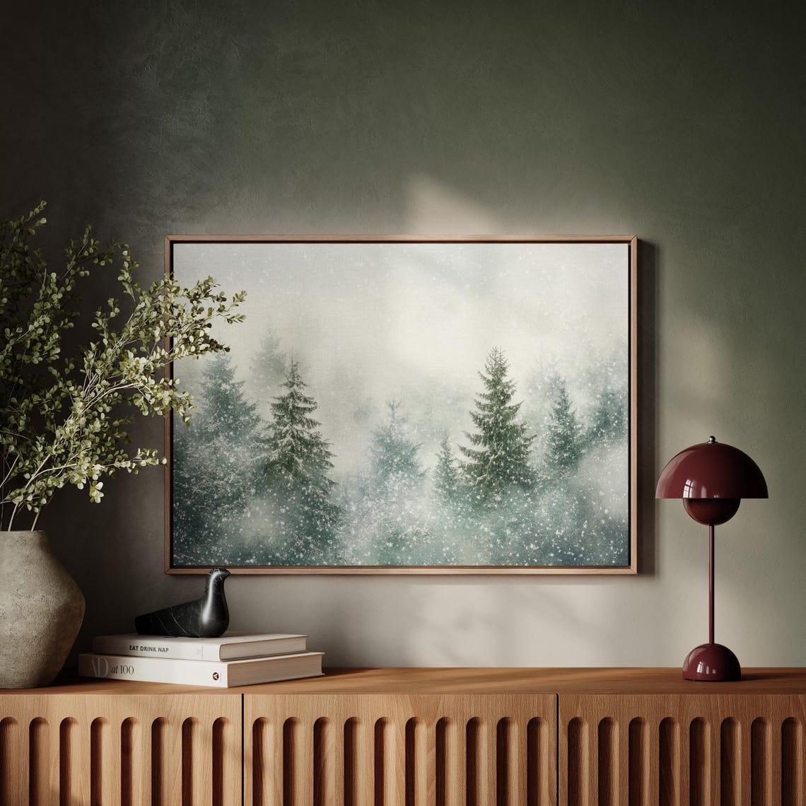 Misty Green Pine Forest In Falling Snow Soft Watercolor Winter Poster