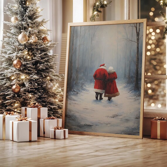 Santa And Mrs Claus Walking Hand In Hand In Snowy Forest Art Poster