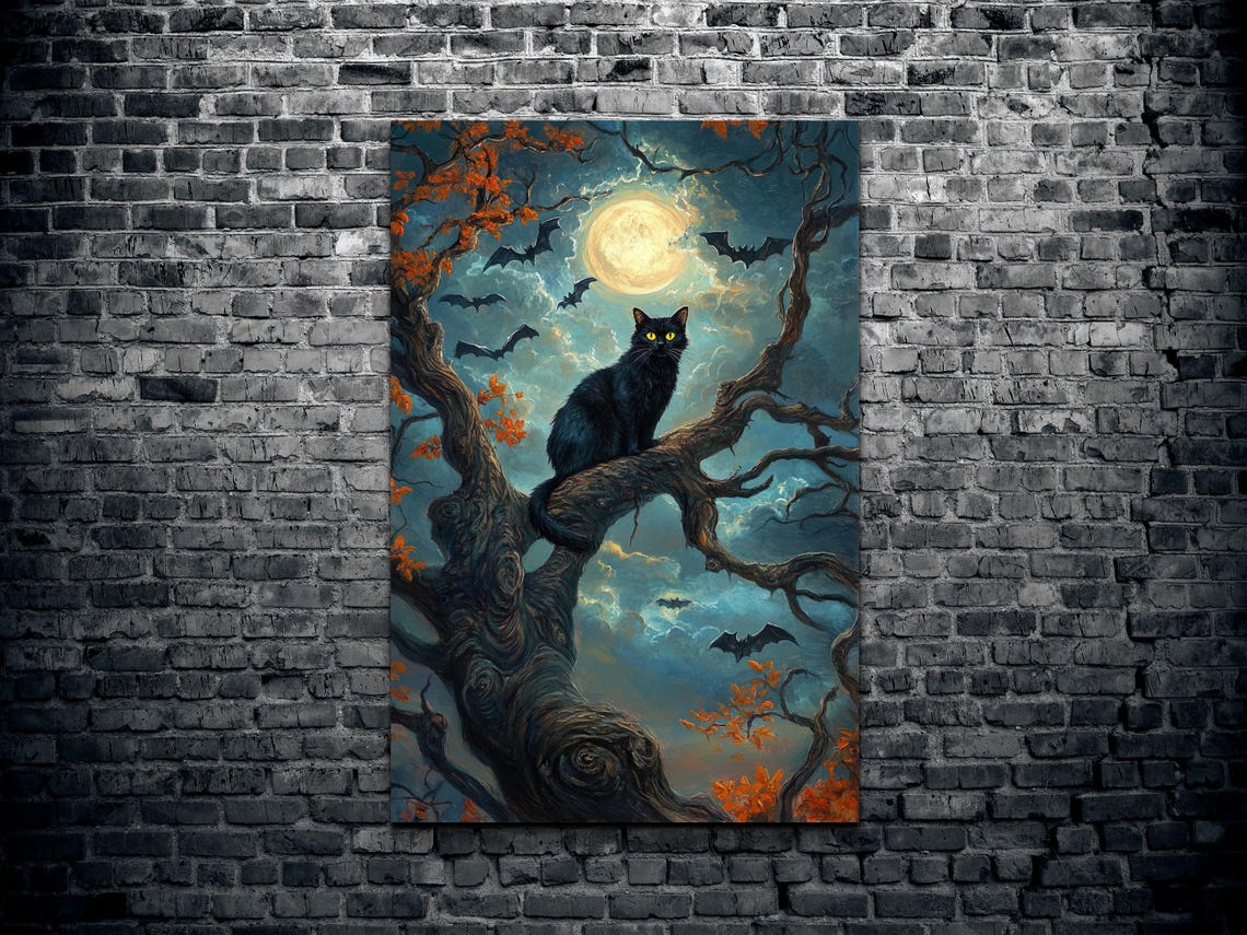 Black Cat in Gnarled Tree With Bats Under Harvest Moon Poster - Image 2
