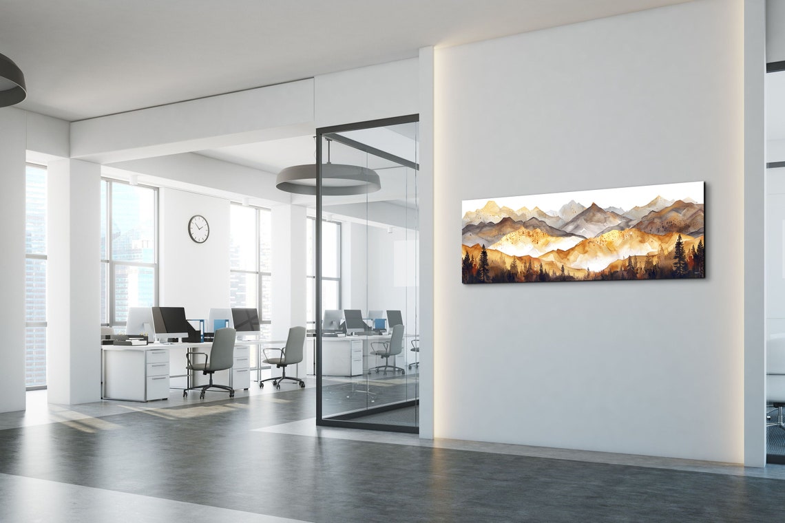 Golden Mountain Peaks Panoramic Watercolor Sunrise Landscape Poster - Image 4