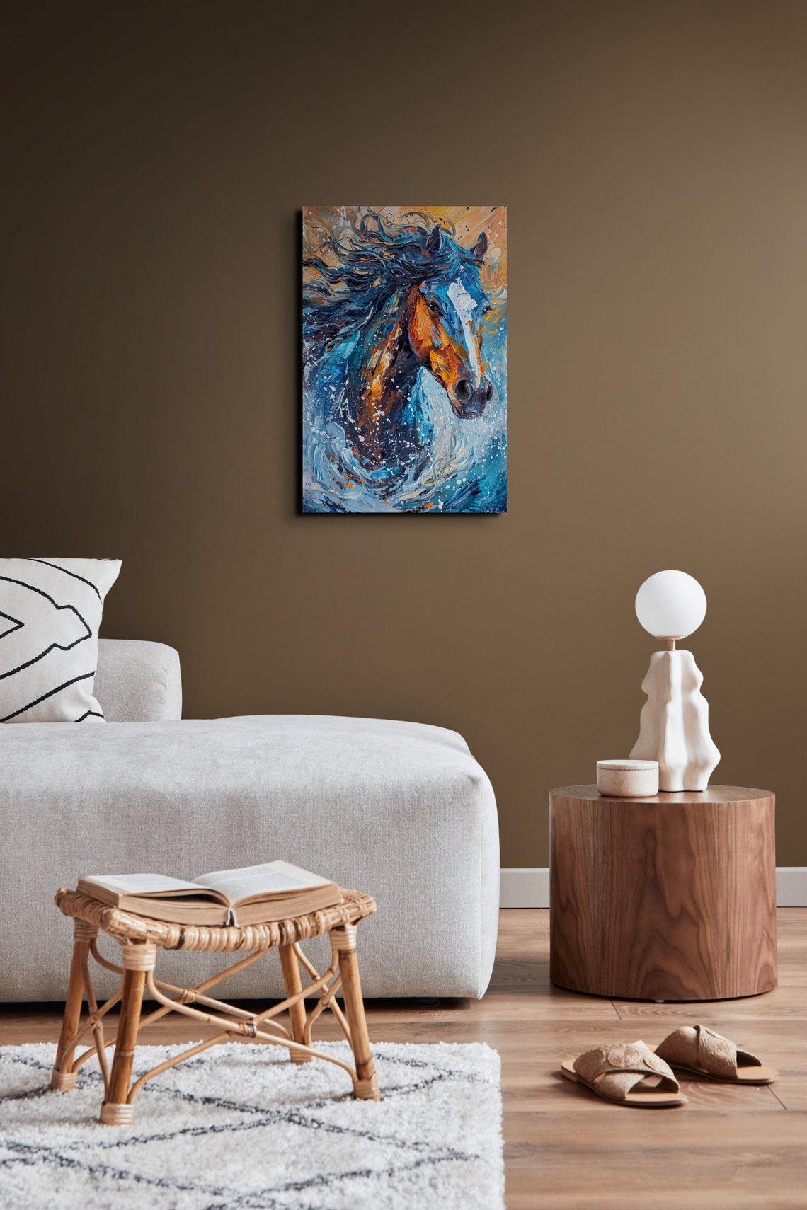 Dynamic Horse Head in Blue Orange Palette Knife Paint Swirl Poster - Image 4