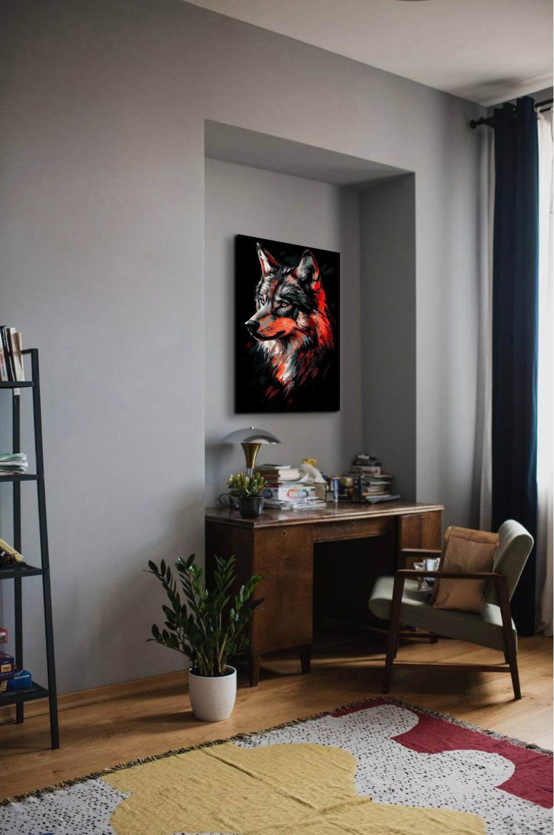 Red and Gray Wolf Portrait Bold Brushstroke Art on Black Poster - Image 7