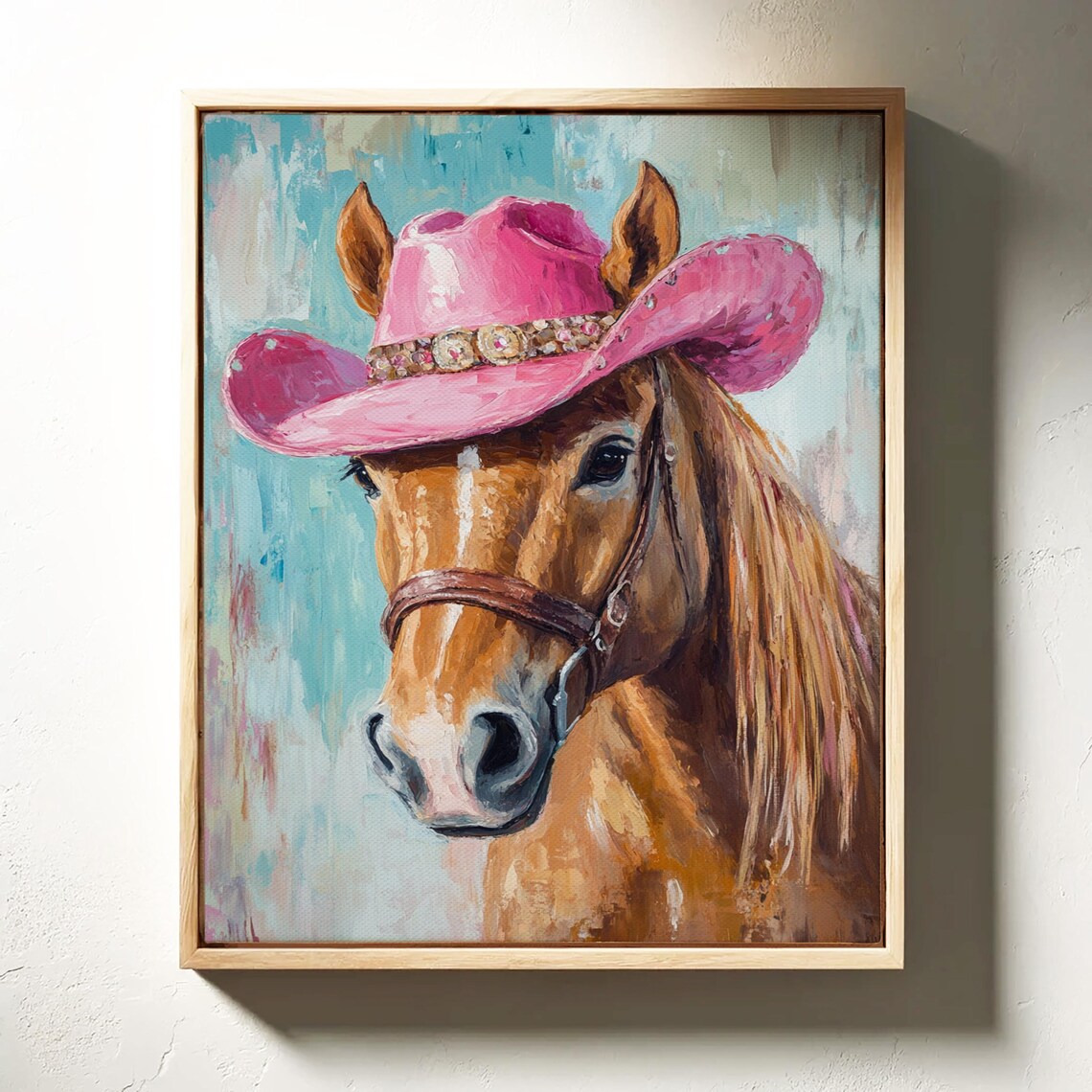 Chestnut Horse in Pink Cowboy Hat Rustic Western Painting Poster - Image 5