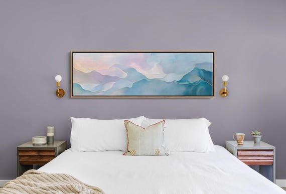 Abstract Landscape Blue Gold Wall Art Modern Minimalist Print Pastel Mountain Painting Elegant Fluid Art Luxury Home Decor