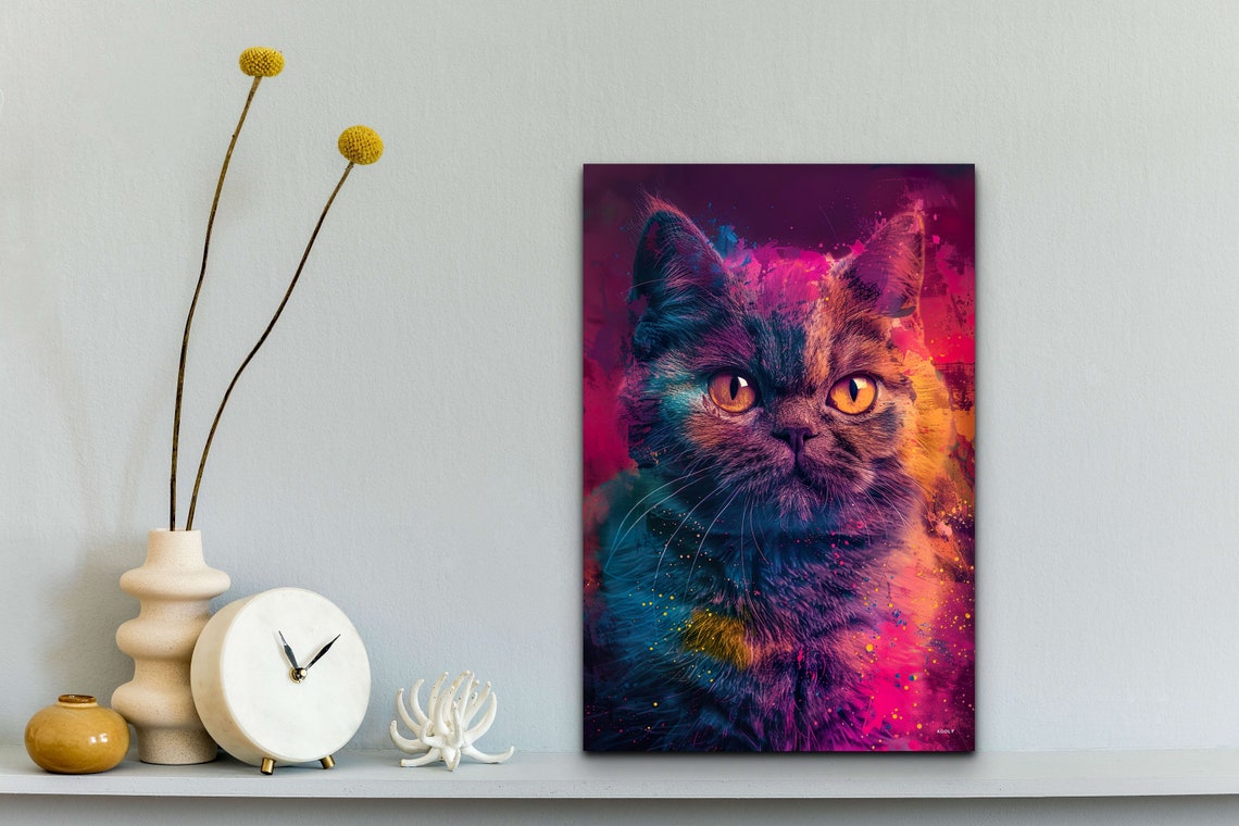 Cat Portrait with Neon Magenta and Orange Paint Splashes Wall Art - Image 5
